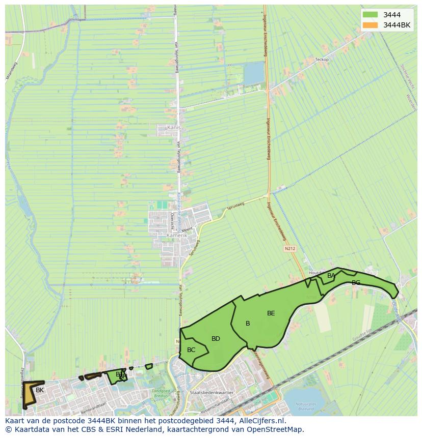 Afbeelding van het postcodegebied 3444 BK op de kaart.