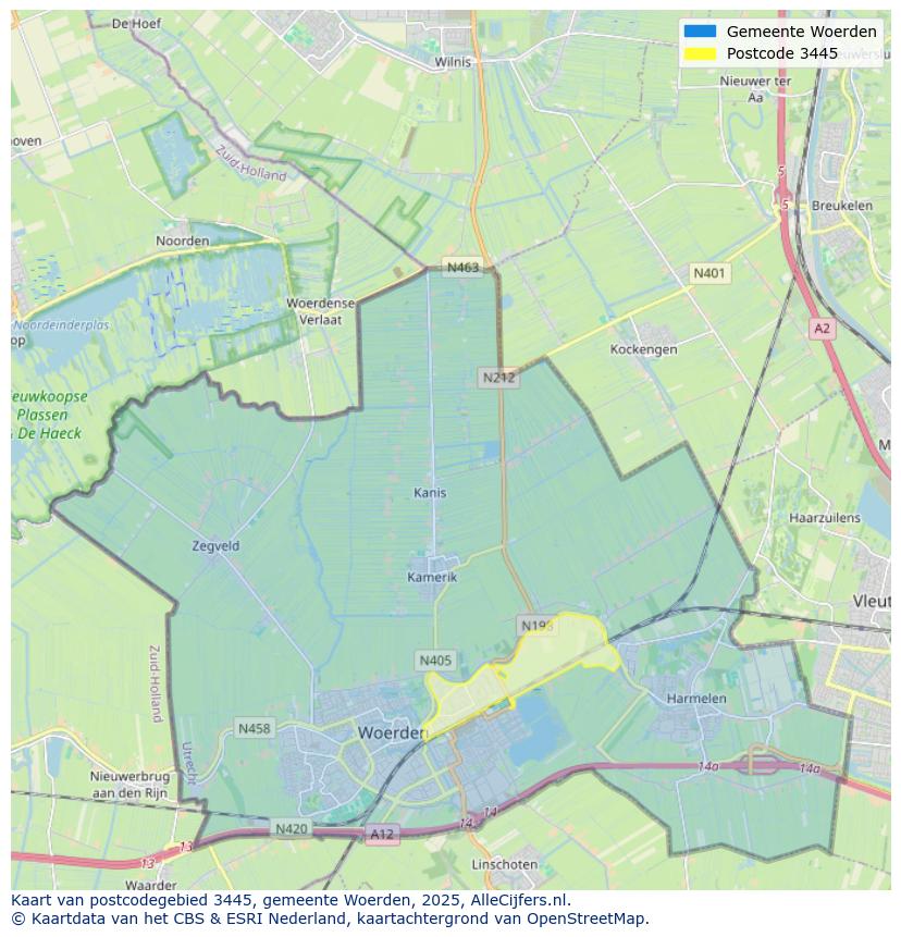 Afbeelding van het postcodegebied 3445 op de kaart.