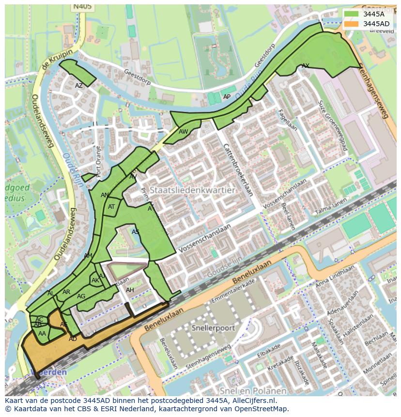 Afbeelding van het postcodegebied 3445 AD op de kaart.