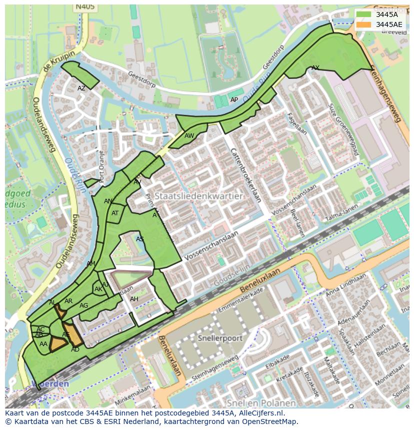 Afbeelding van het postcodegebied 3445 AE op de kaart.