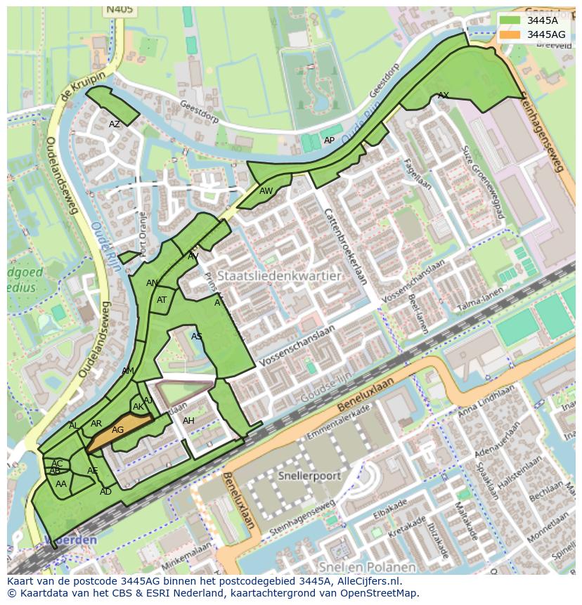 Afbeelding van het postcodegebied 3445 AG op de kaart.