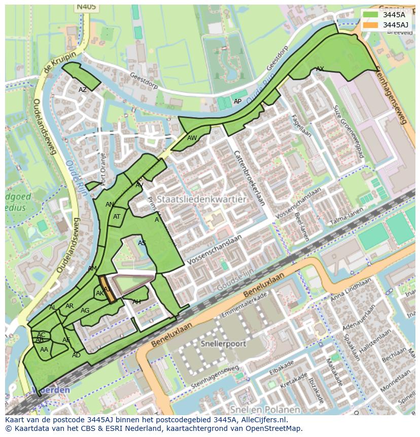 Afbeelding van het postcodegebied 3445 AJ op de kaart.
