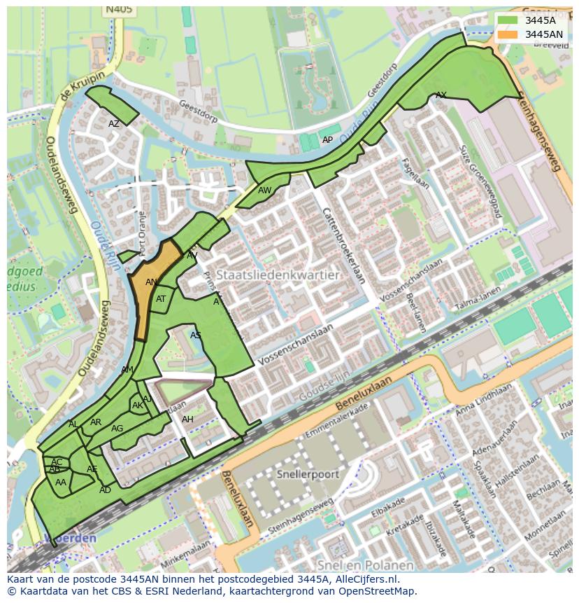 Afbeelding van het postcodegebied 3445 AN op de kaart.