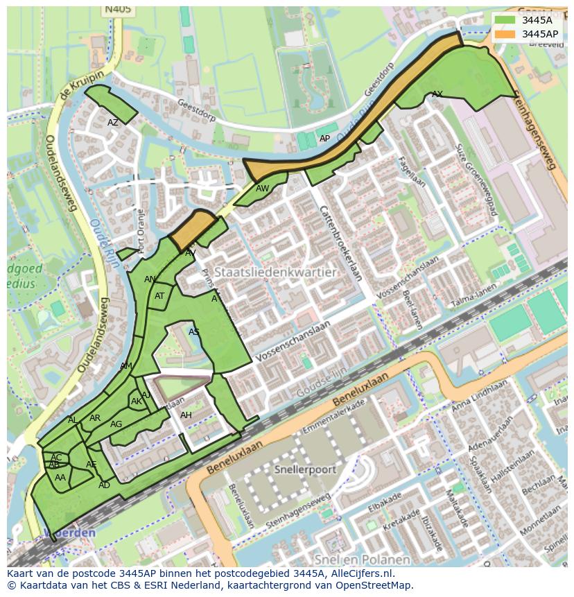 Afbeelding van het postcodegebied 3445 AP op de kaart.