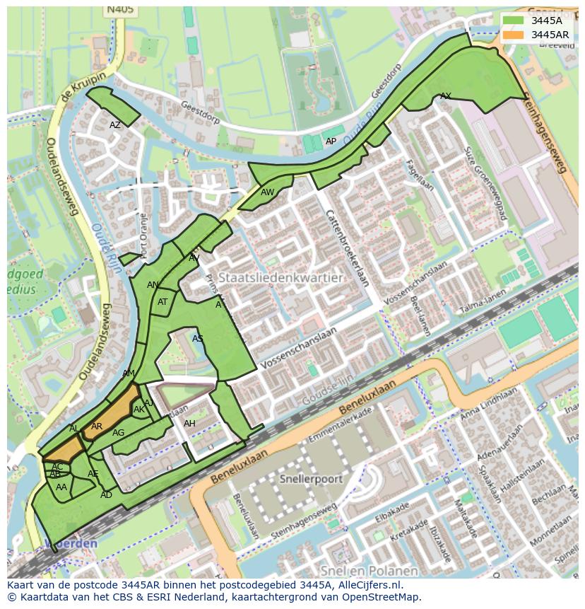 Afbeelding van het postcodegebied 3445 AR op de kaart.