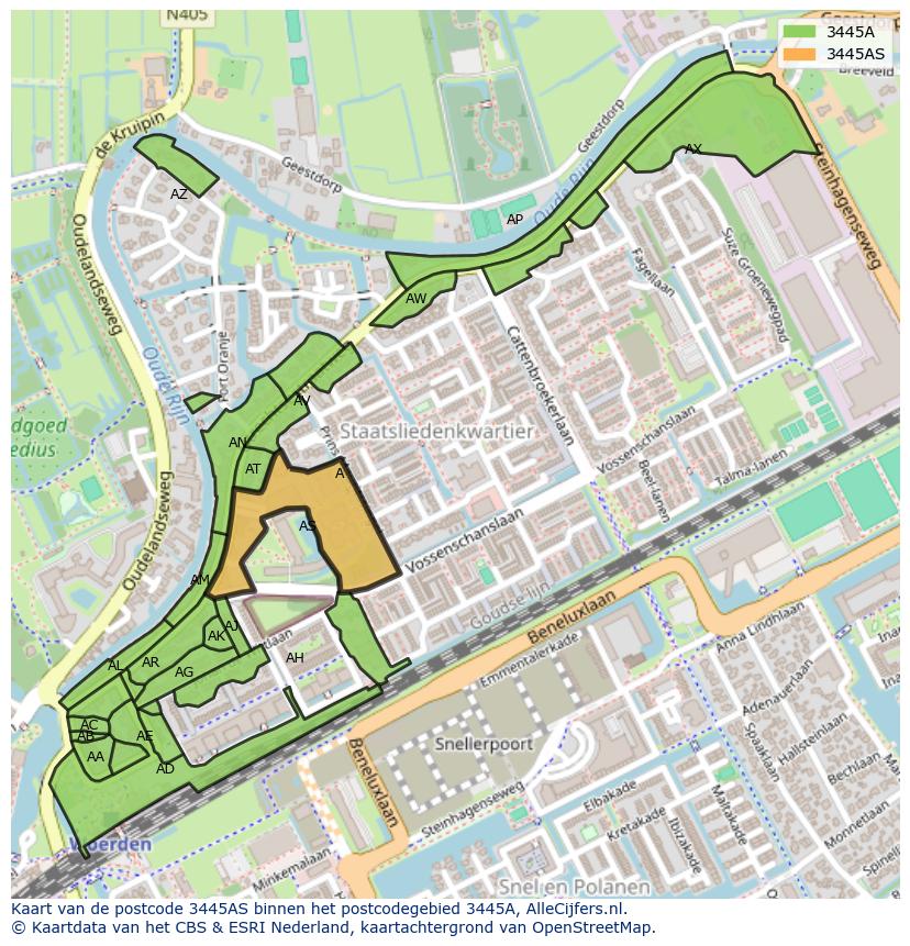 Afbeelding van het postcodegebied 3445 AS op de kaart.