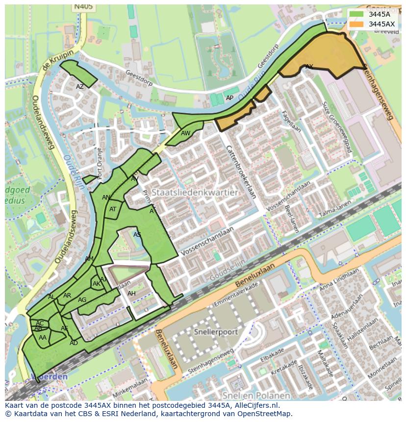 Afbeelding van het postcodegebied 3445 AX op de kaart.
