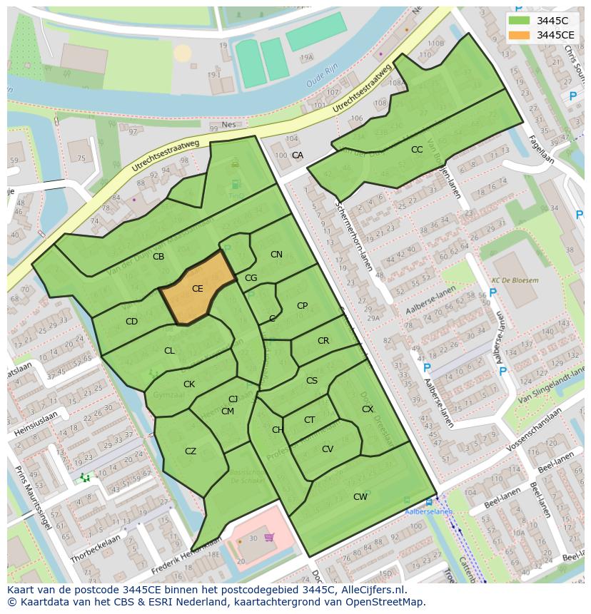 Afbeelding van het postcodegebied 3445 CE op de kaart.