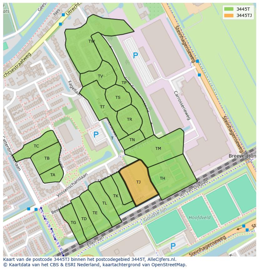Afbeelding van het postcodegebied 3445 TJ op de kaart.
