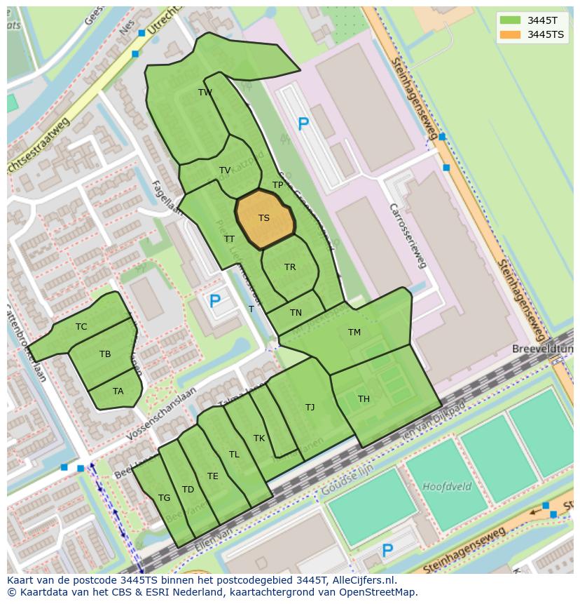 Afbeelding van het postcodegebied 3445 TS op de kaart.