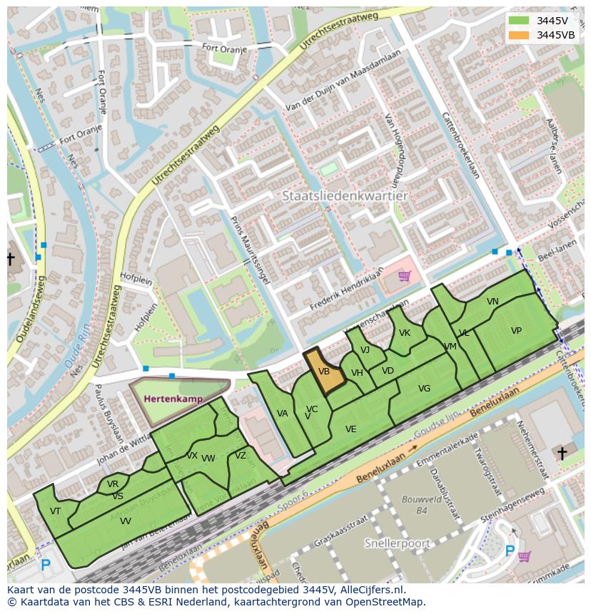Afbeelding van het postcodegebied 3445 VB op de kaart.