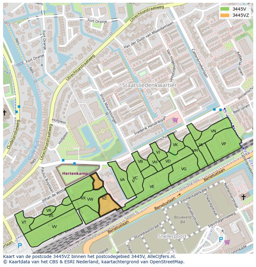Afbeelding van het postcodegebied 3445 VZ op de kaart.