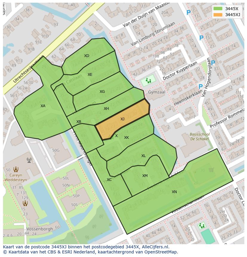 Afbeelding van het postcodegebied 3445 XJ op de kaart.
