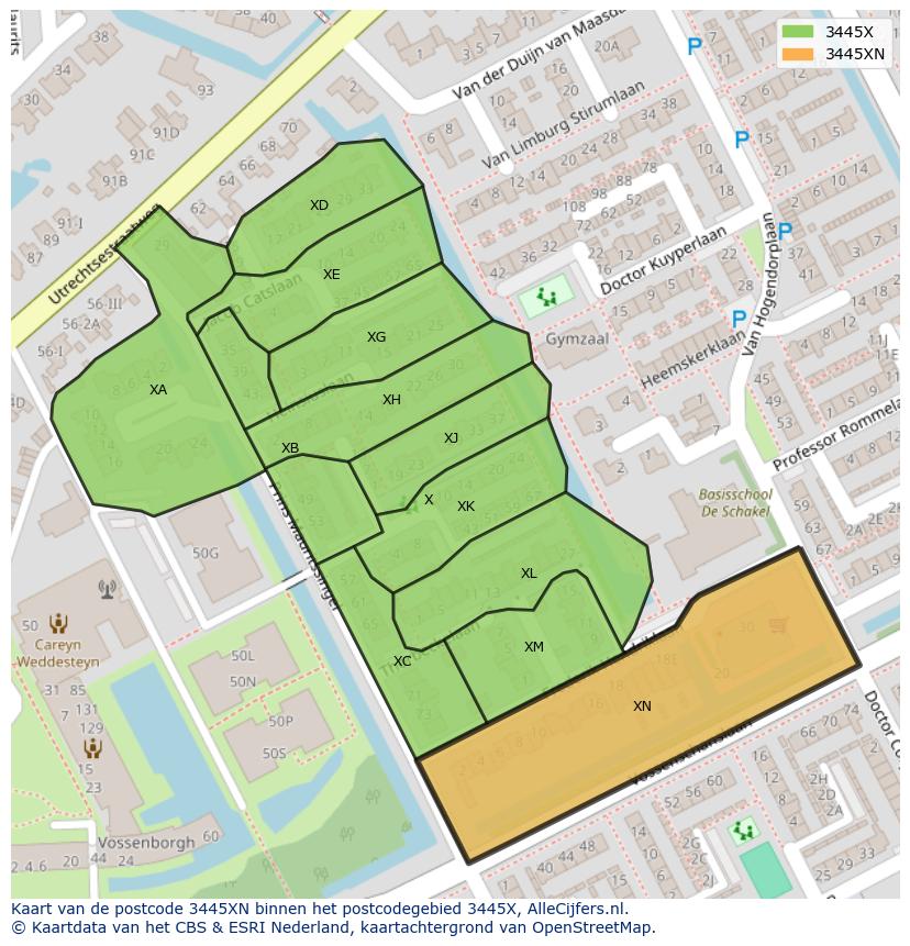 Afbeelding van het postcodegebied 3445 XN op de kaart.