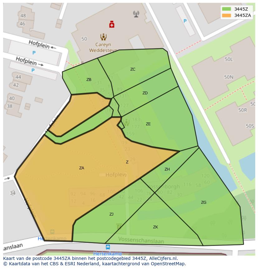 Afbeelding van het postcodegebied 3445 ZA op de kaart.