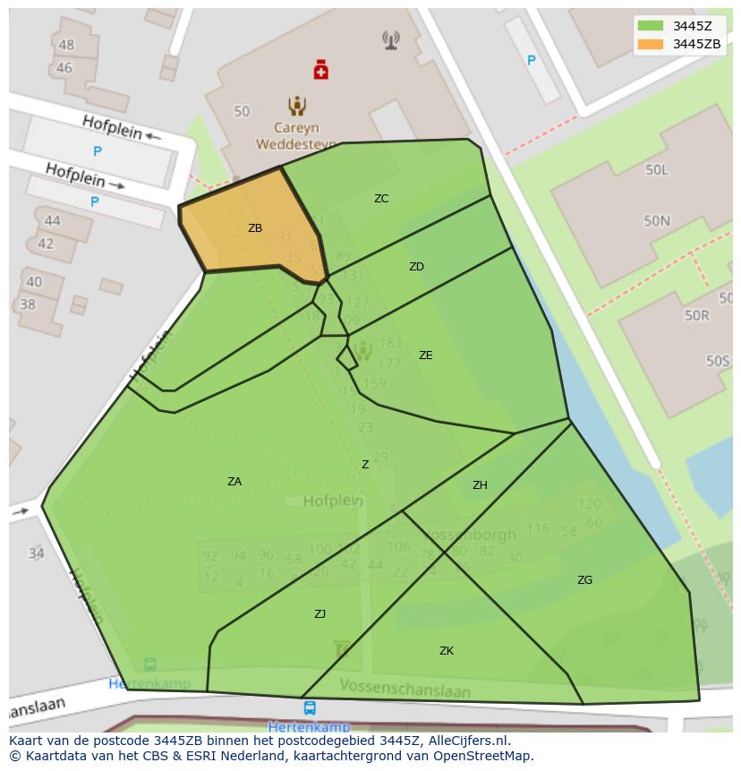 Afbeelding van het postcodegebied 3445 ZB op de kaart.