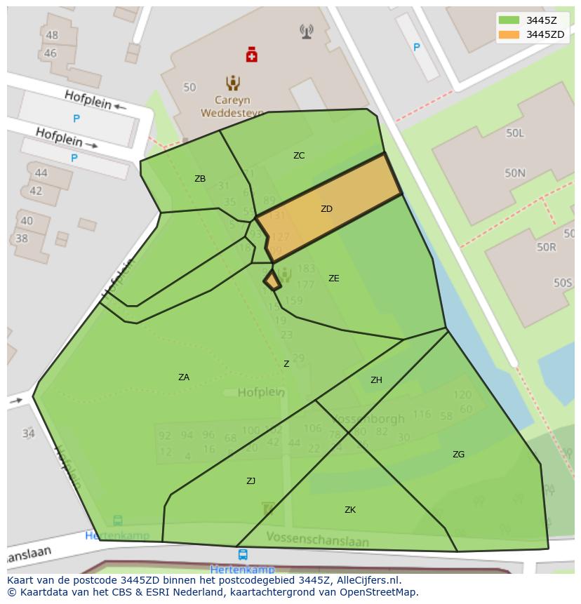 Afbeelding van het postcodegebied 3445 ZD op de kaart.