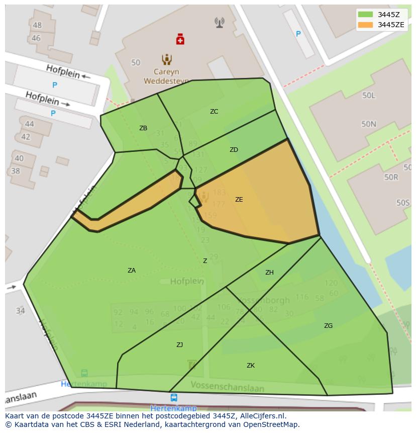 Afbeelding van het postcodegebied 3445 ZE op de kaart.