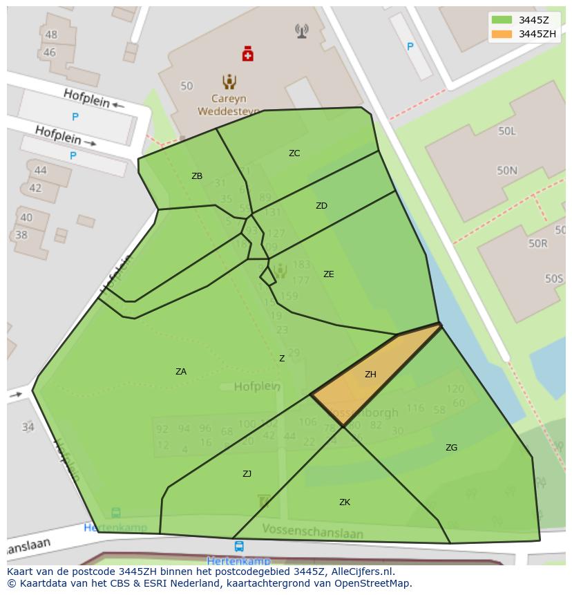 Afbeelding van het postcodegebied 3445 ZH op de kaart.