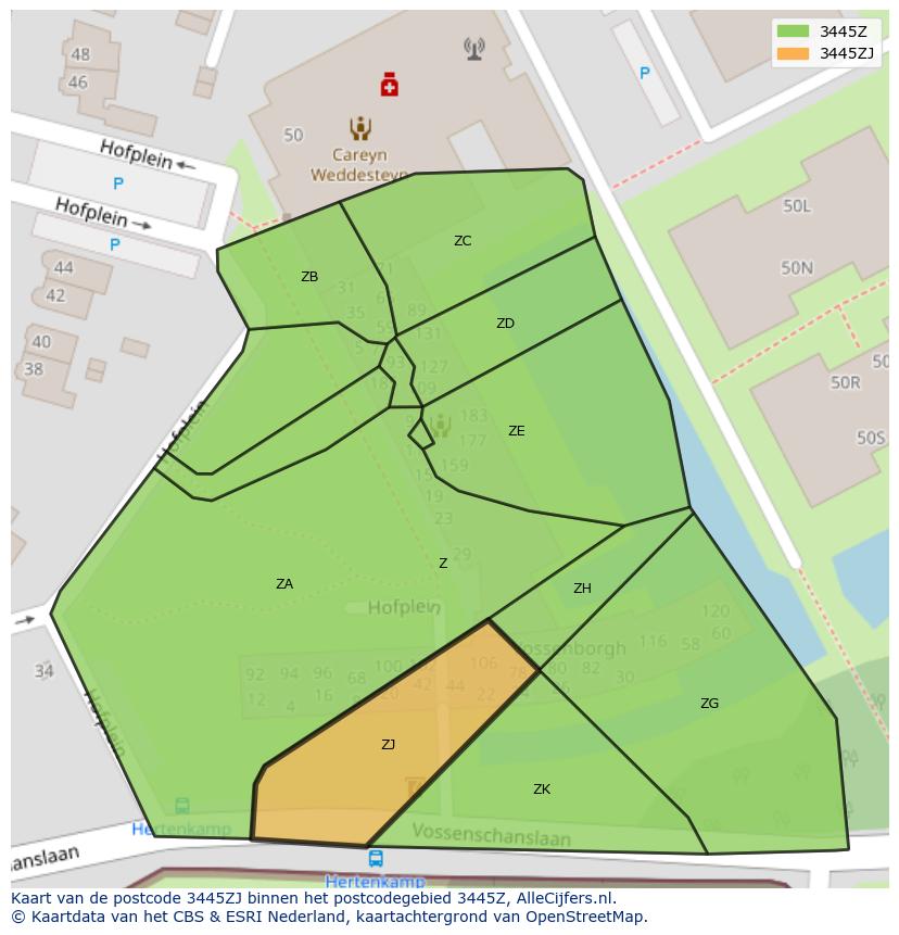 Afbeelding van het postcodegebied 3445 ZJ op de kaart.
