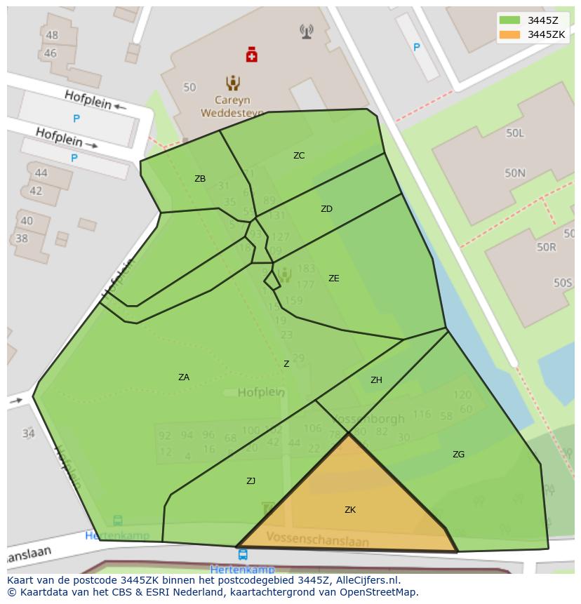 Afbeelding van het postcodegebied 3445 ZK op de kaart.