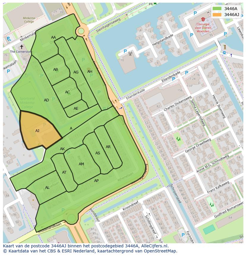 Afbeelding van het postcodegebied 3446 AJ op de kaart.