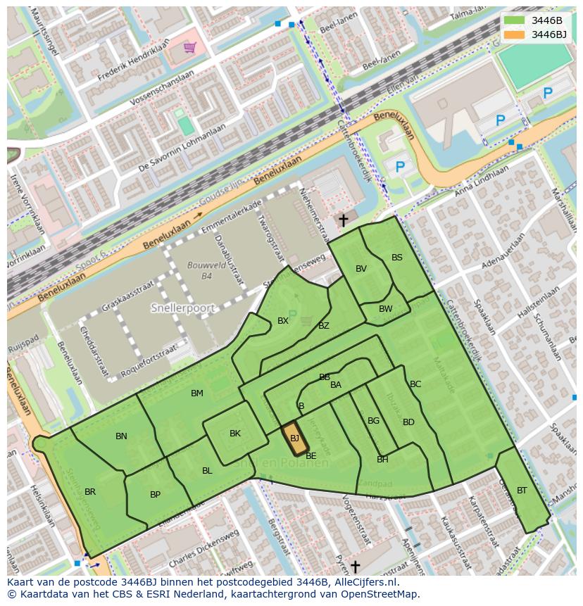 Afbeelding van het postcodegebied 3446 BJ op de kaart.