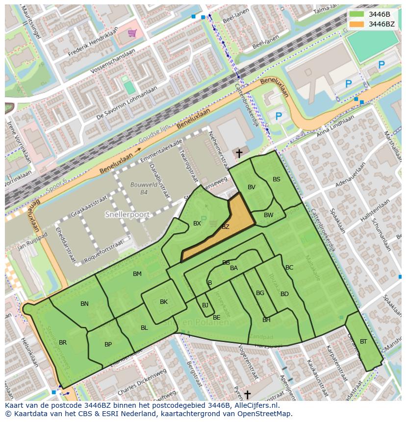 Afbeelding van het postcodegebied 3446 BZ op de kaart.