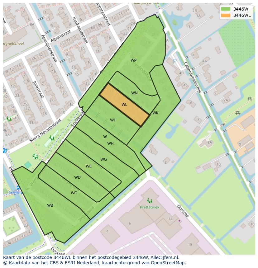 Afbeelding van het postcodegebied 3446 WL op de kaart.