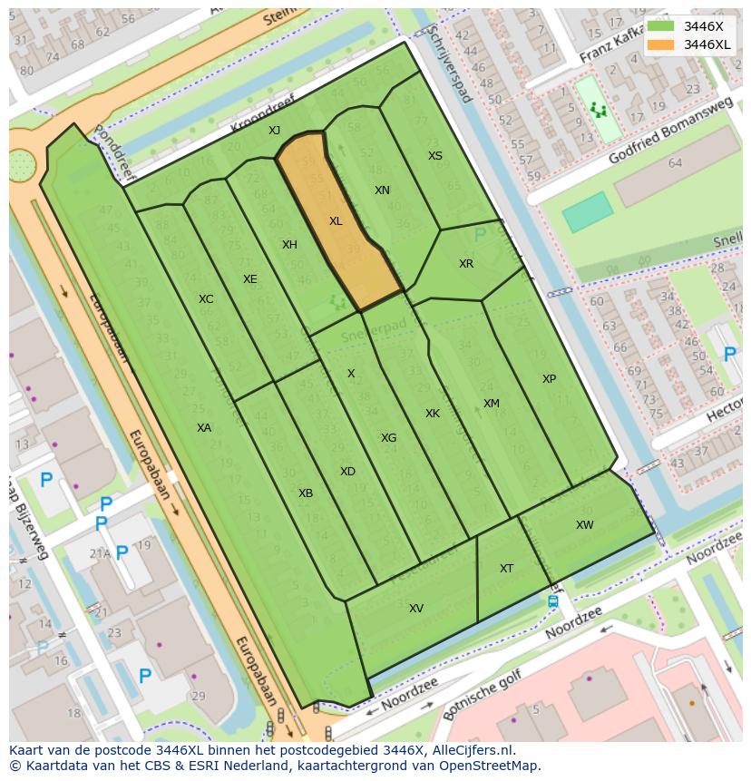 Afbeelding van het postcodegebied 3446 XL op de kaart.