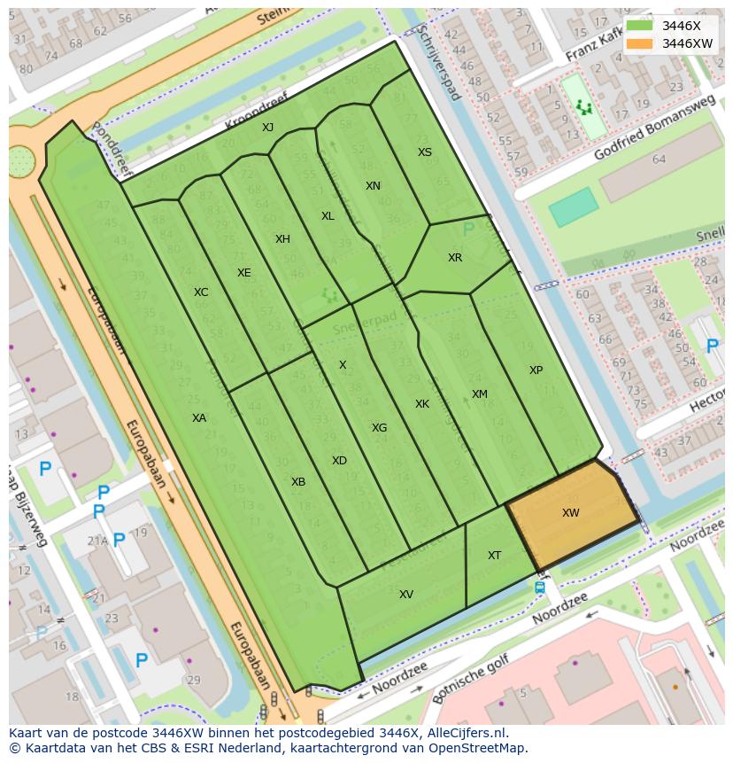 Afbeelding van het postcodegebied 3446 XW op de kaart.