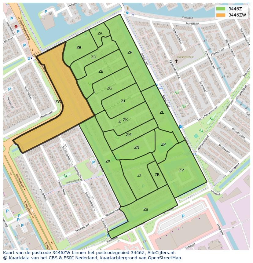 Afbeelding van het postcodegebied 3446 ZW op de kaart.
