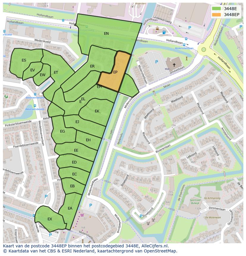 Afbeelding van het postcodegebied 3448 EP op de kaart.