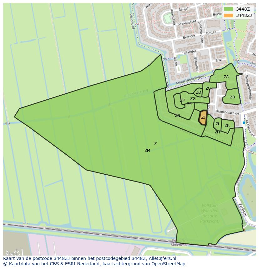 Afbeelding van het postcodegebied 3448 ZJ op de kaart.