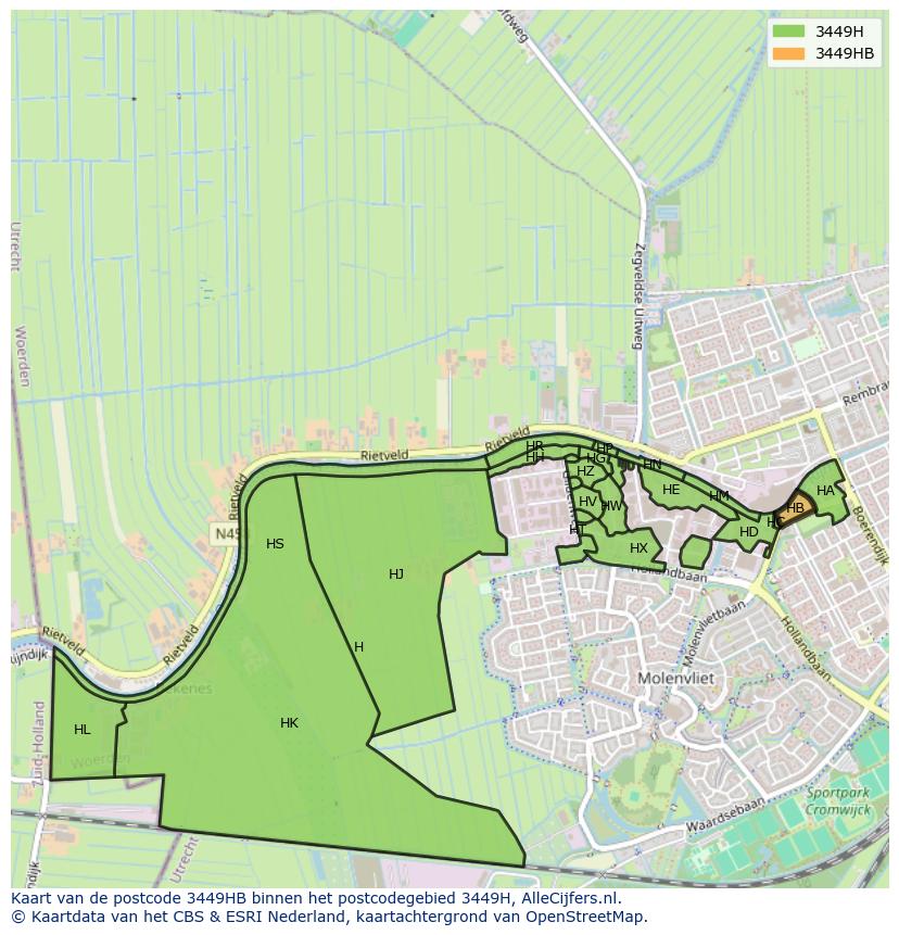 Afbeelding van het postcodegebied 3449 HB op de kaart.