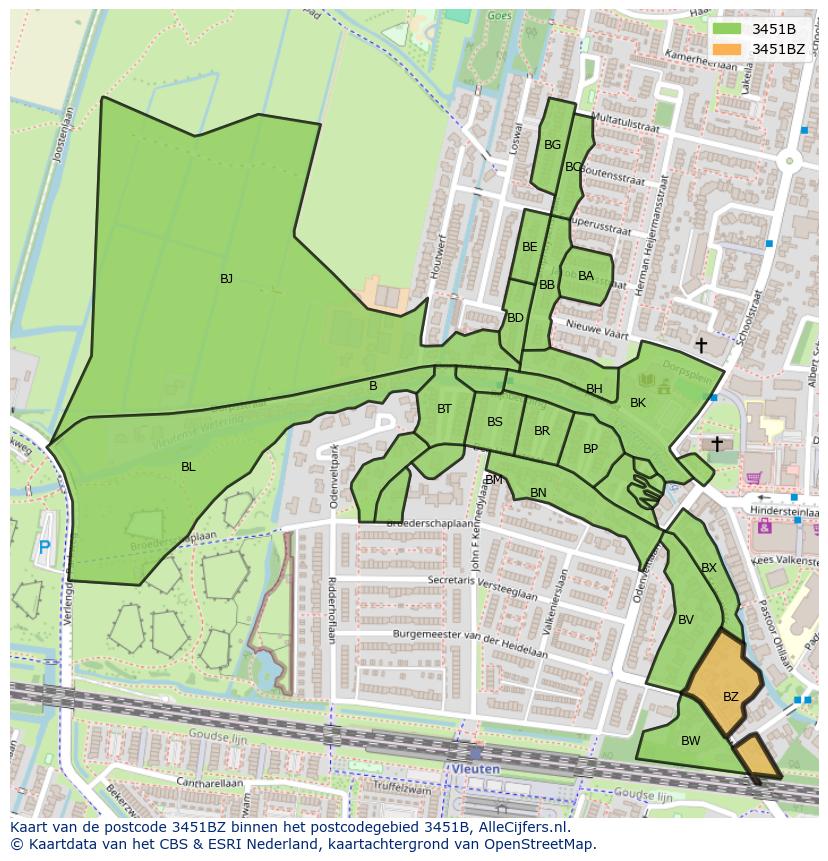 Afbeelding van het postcodegebied 3451 BZ op de kaart.