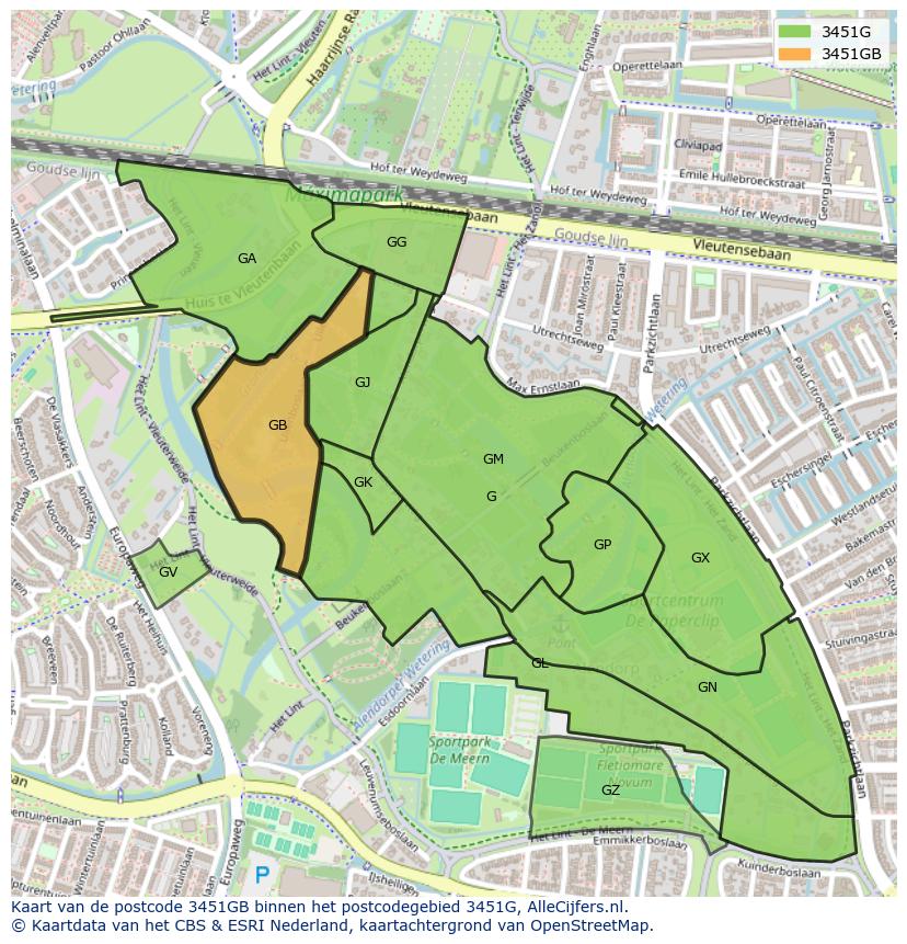 Afbeelding van het postcodegebied 3451 GB op de kaart.
