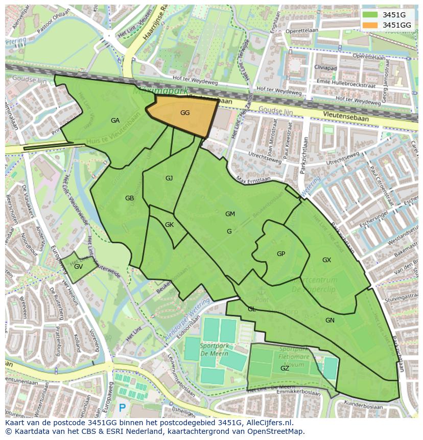 Afbeelding van het postcodegebied 3451 GG op de kaart.