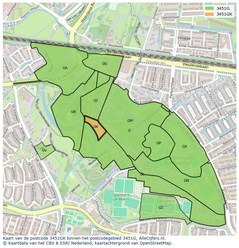 Afbeelding van het postcodegebied 3451 GK op de kaart.