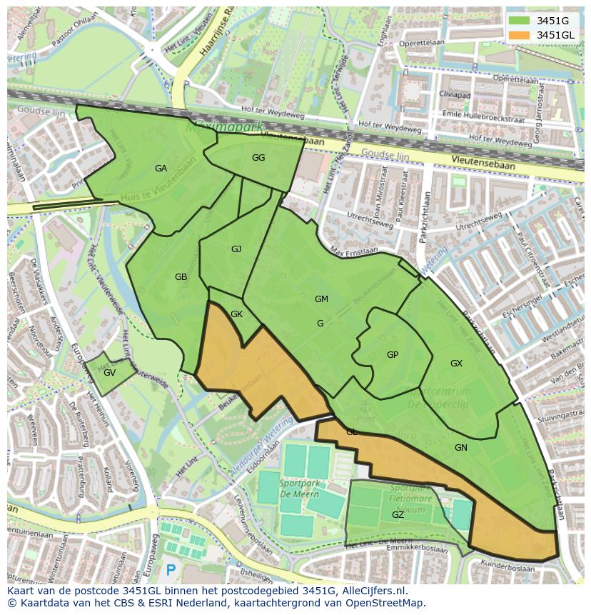 Afbeelding van het postcodegebied 3451 GL op de kaart.