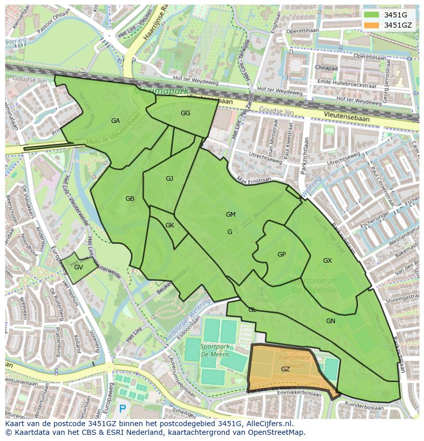 Afbeelding van het postcodegebied 3451 GZ op de kaart.