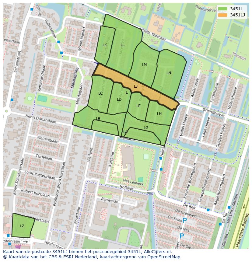 Afbeelding van het postcodegebied 3451 LJ op de kaart.