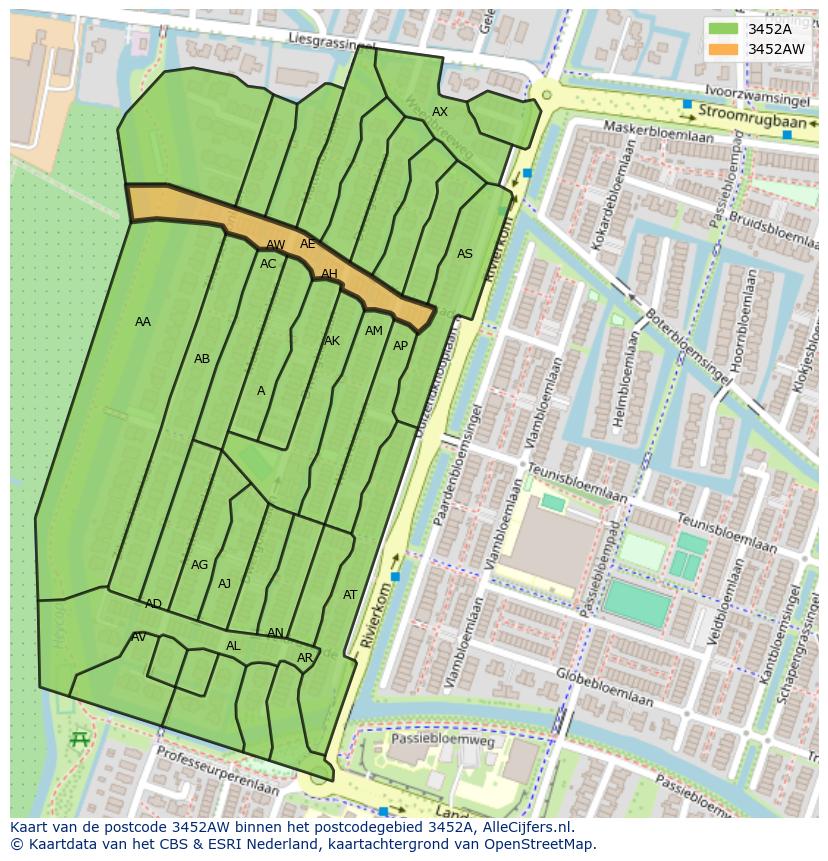 Afbeelding van het postcodegebied 3452 AW op de kaart.