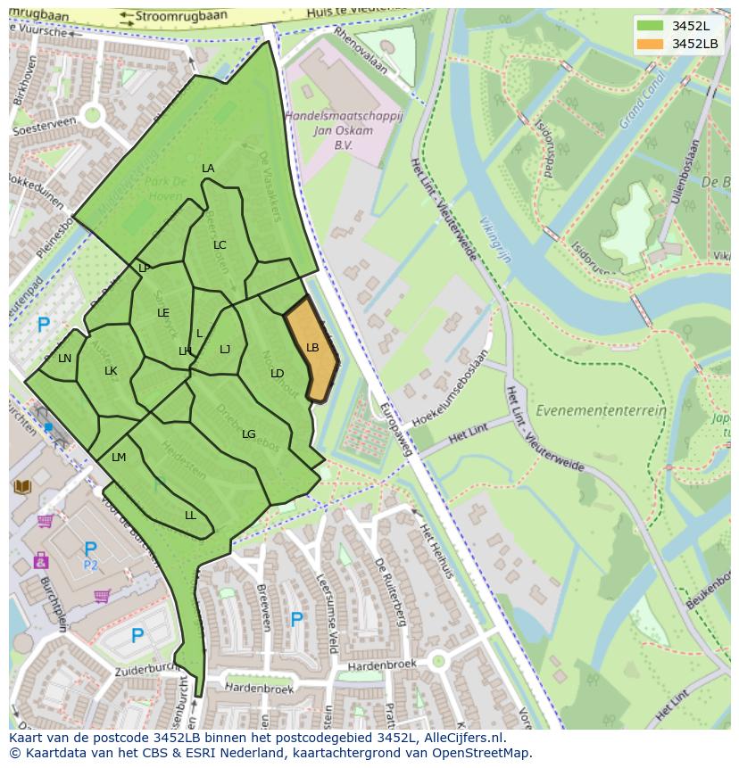 Afbeelding van het postcodegebied 3452 LB op de kaart.
