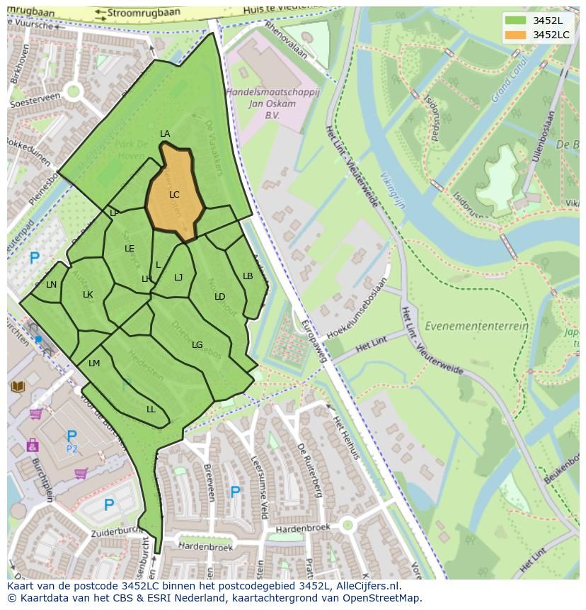 Afbeelding van het postcodegebied 3452 LC op de kaart.
