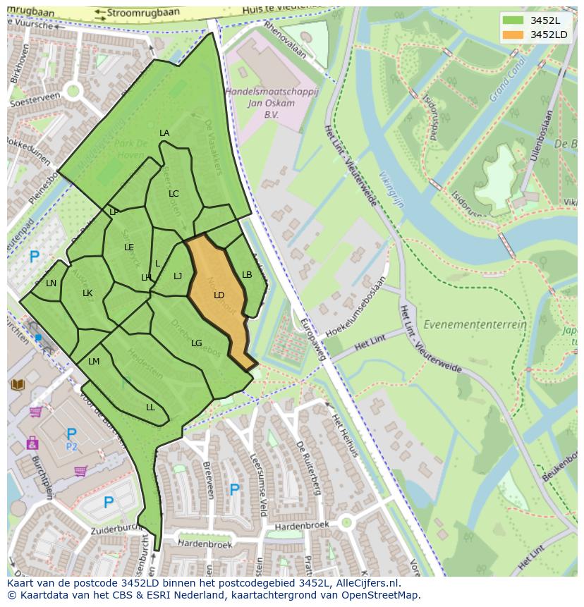 Afbeelding van het postcodegebied 3452 LD op de kaart.