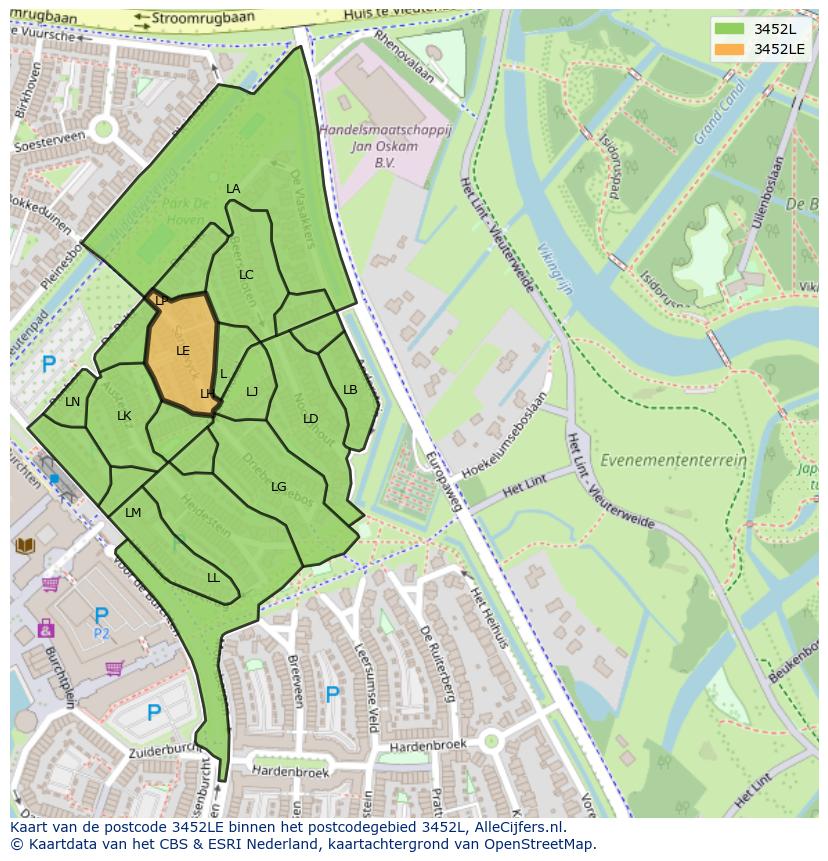 Afbeelding van het postcodegebied 3452 LE op de kaart.
