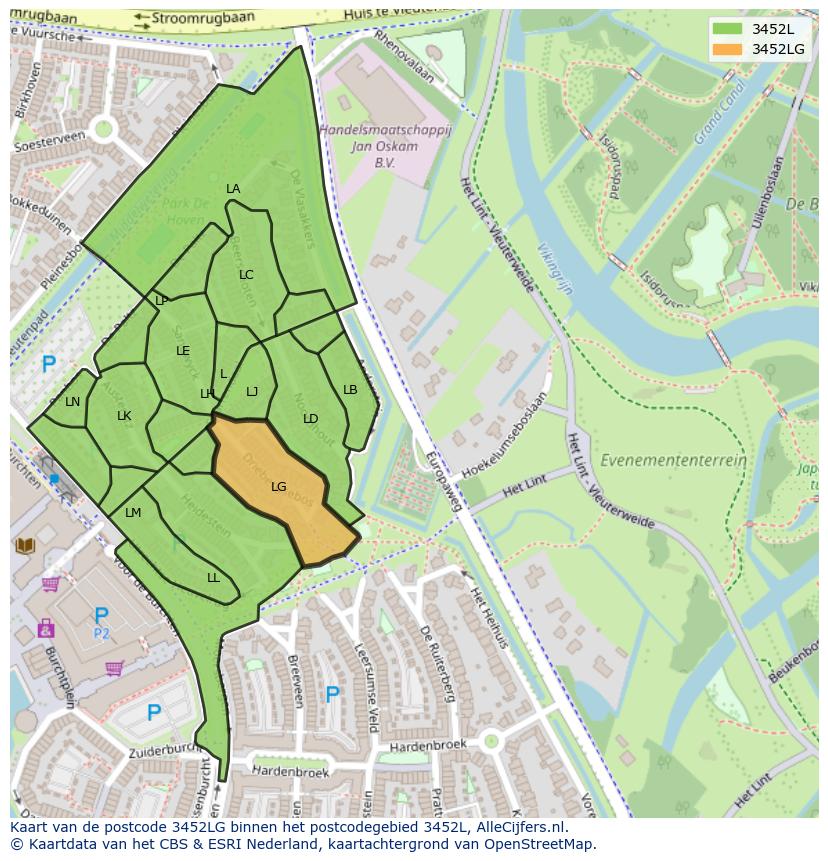 Afbeelding van het postcodegebied 3452 LG op de kaart.