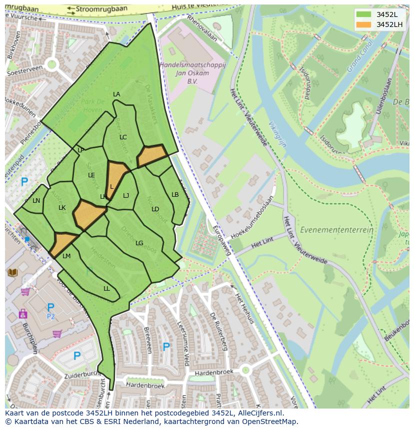 Afbeelding van het postcodegebied 3452 LH op de kaart.