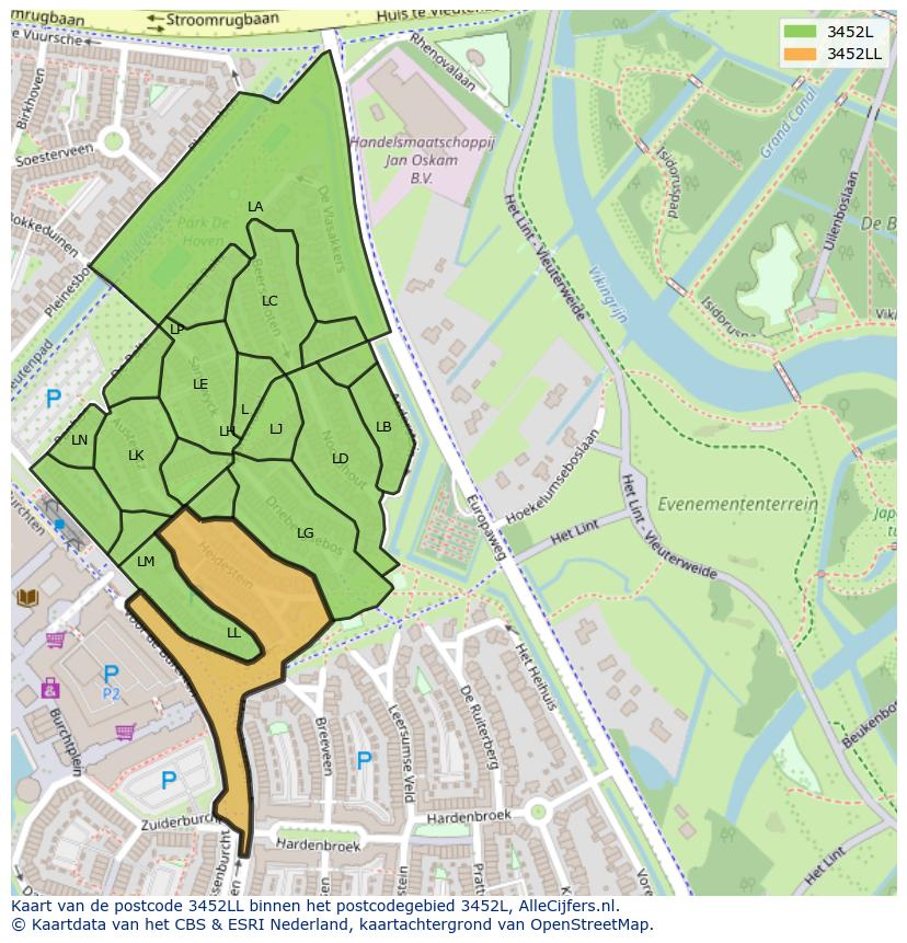 Afbeelding van het postcodegebied 3452 LL op de kaart.
